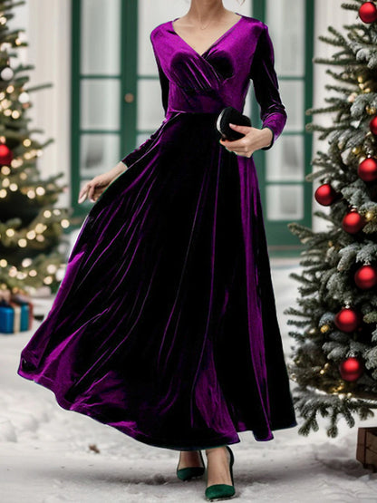 Women's Velvet Dress Prom Dress Party Dress Velvet Ruched V Neck Long Sleeve Christmas Vacation Black Wine Winter