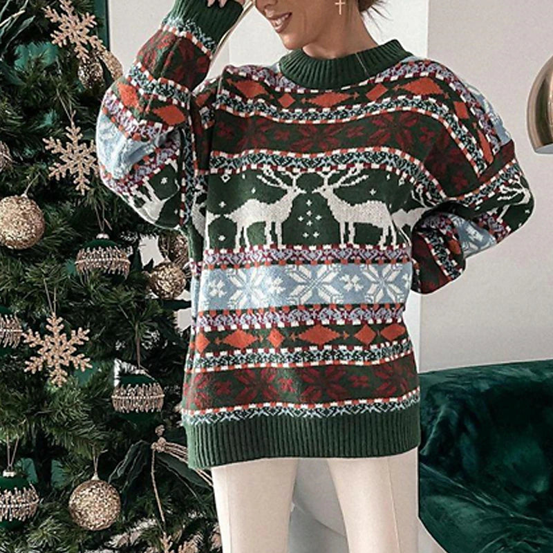 Women's Ugly Christmas Sweater Pullover Sweater Jumper Crochet Knit Knitted Animal Crew Neck Stylish Casual Outdoor Christmas Winter Fall Green Brown S M L / Long Sleeve / Weekend / Holiday