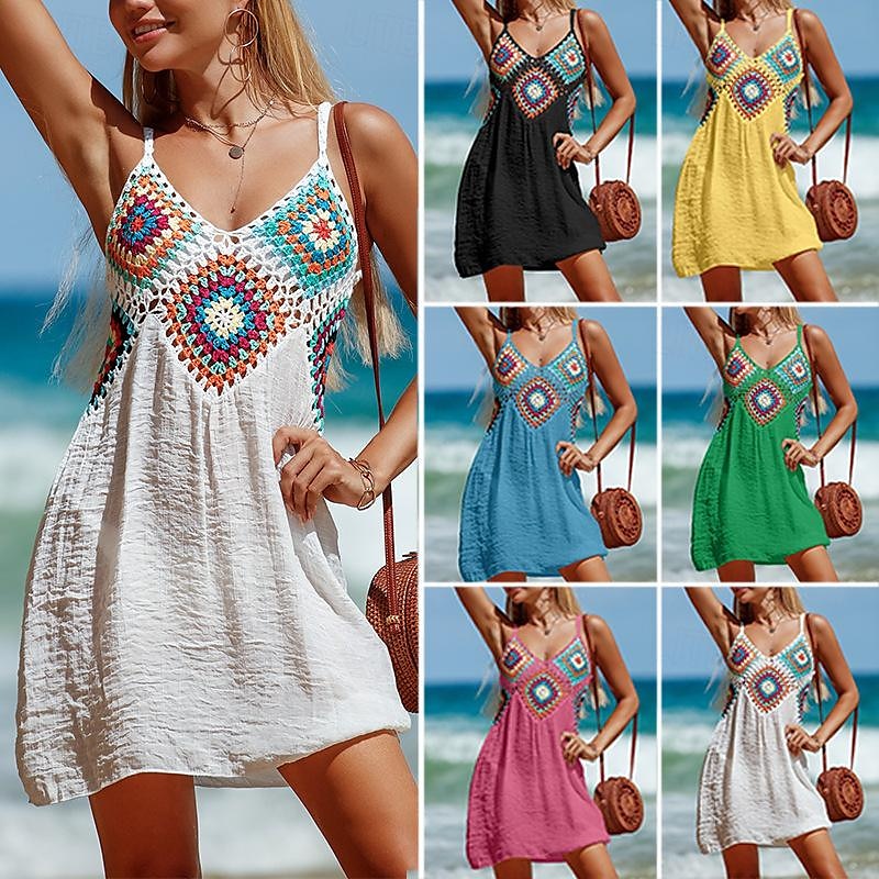 Women's Summer Dress Cut Out Crochet Beach Wear Holiday Sleeveless Black White Yellow Color