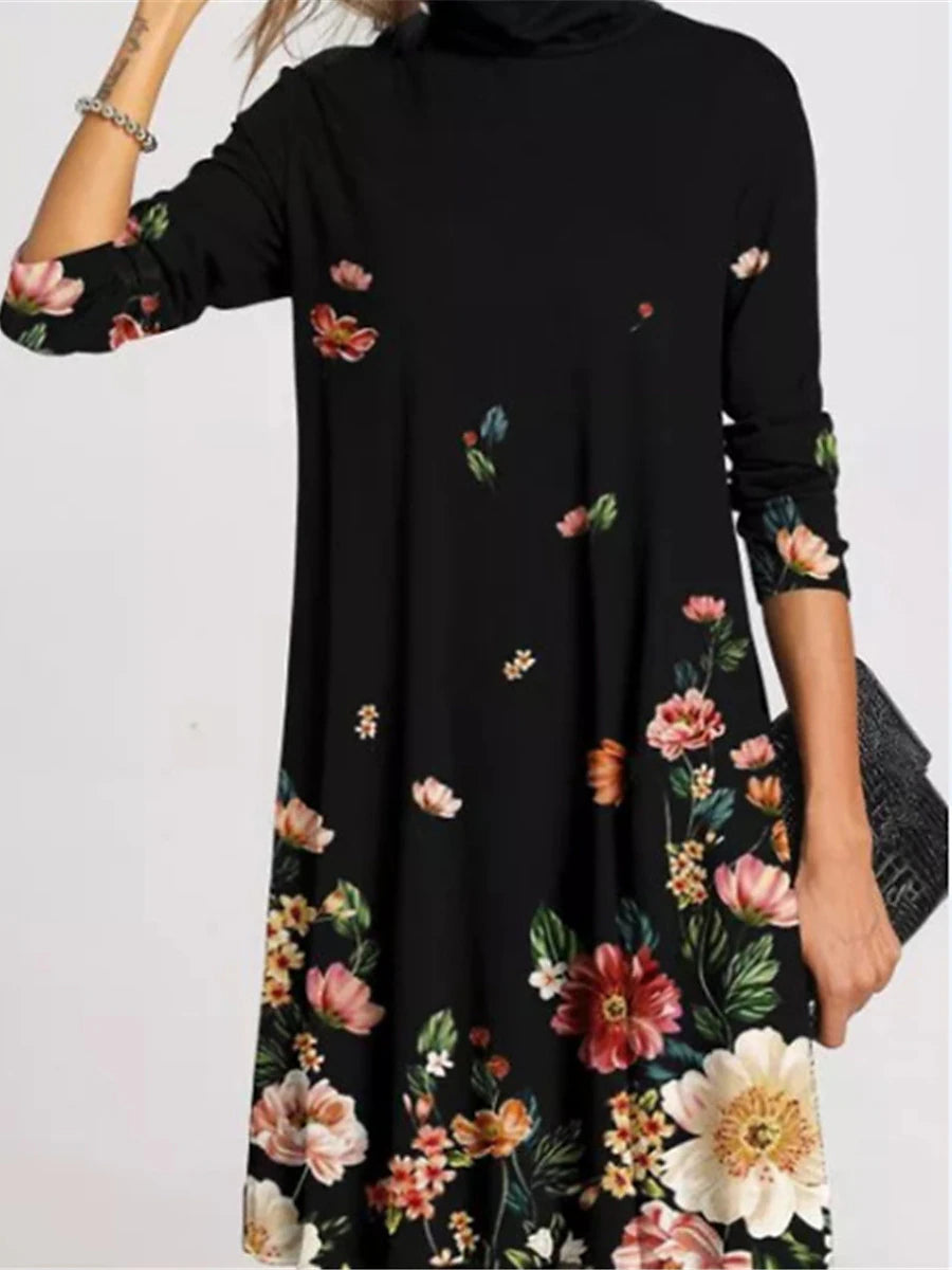 Women's Winter Dress T Shirt Dress Tee Dress Floral Print Turtleneck Midi Dress Daily Vacation Long Sleeve Fall Winter