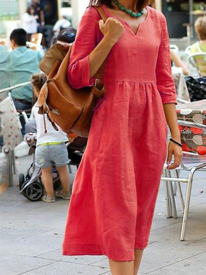 Women's Dress - Cotton Linen Dress Casual Dress Linen Dress Maxi long Dress Cotton Basic Casual Daily Holiday Vacation Split Neck Ruched Half Sleeve Summer Spring 2023 Regular Fit Yellow Pink Red Pure Color