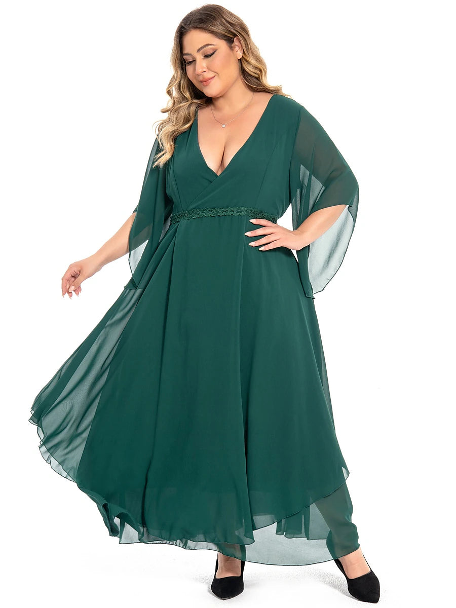 Women‘s Plus Size Curve Casual Dress Swing Dress Plain Long Dress Maxi Dress 3/4 Length Sleeve Layered V Neck Basic Outdoor Dark Green Summer Spring Wedding Guest Dress