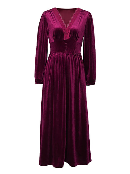 Women's Velvet Dress Casual Dress Winter Dress Long Dress Maxi Dress Lace Ruched Daily Date Elegant Fashion V Neck Long Sleeve Wine Color