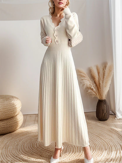 Women's Sweater Dress Knit Dress Jumper Dress Long Dress Maxi Dress Knitwear Fashion Daily Plain Outdoor Casual Holiday Vacation V Neck Long Sleeve Ruched Button 2023 Loose Fit Black White khaki One