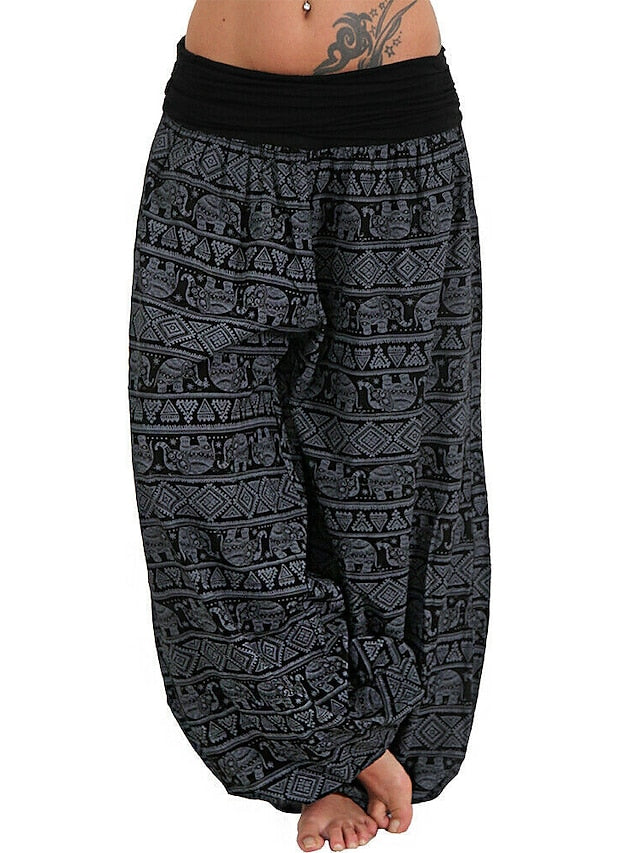 Womenâ€˜s Harem Pants Wide Leg Fold Over Waist Palazzo Bohemia Zumba Belly Dance Yoga Bloomers Bottoms Elephant Hippie Boho Navy ArmyGreen White Plus Size Sports Activewear - LuckyFash™
