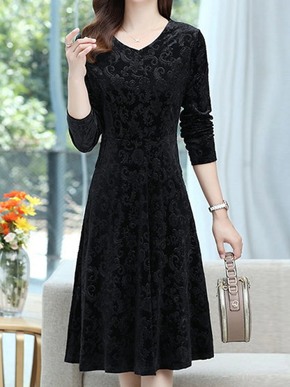 Women's Velvet Dress Casual Dress Swing Dress Midi Dress Pocket Daily Elegant Fashion V Neck Long Sleeve Black Wine Blue Color