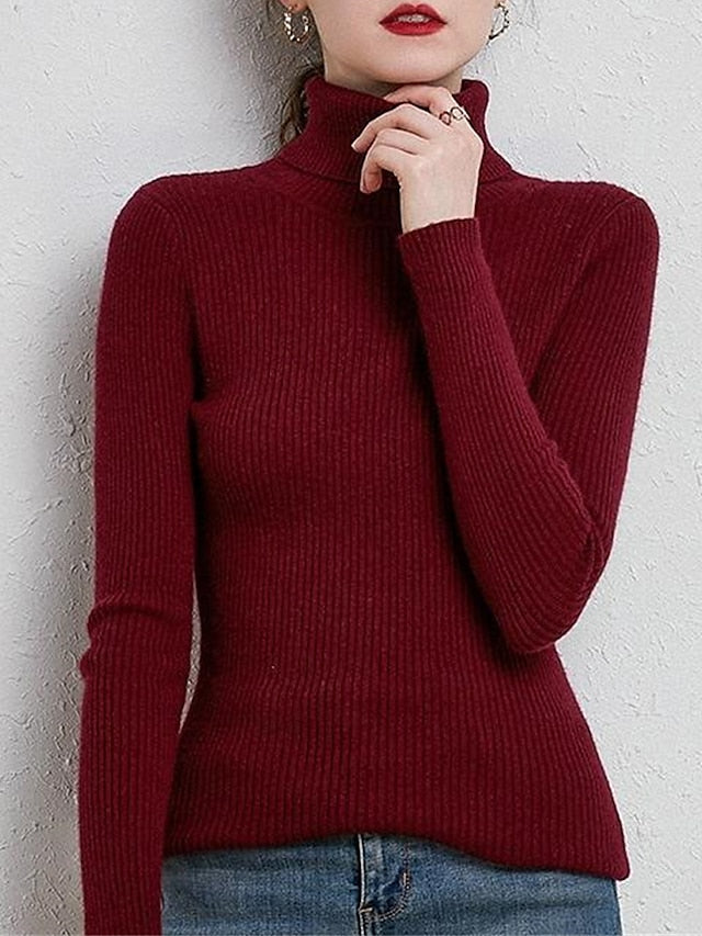 Women's Pullover Sweater Jumper Turtleneck Ribbed Knit Polyester Oversized Fall Winter Daily Holiday Going out Stylish Casual Soft Long Sleeve Solid Color Rust Red Pink purple Red bean paste S M L