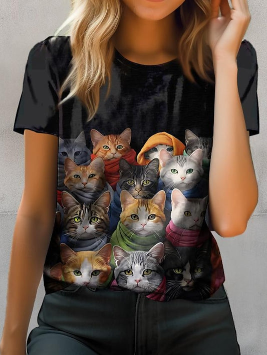 Women's T shirt Tee Cat Casual Black Short Sleeve Fashion Crew Neck Spring & Summer