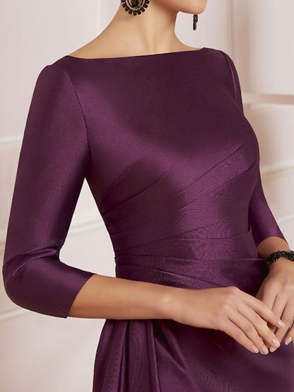 Sheath / Column Mother of the Bride Dress Wedding Guest Elegant Off Shoulder Knee Length Satin 3/4 Length Sleeve with Ruching 2023 - LuckyFash™