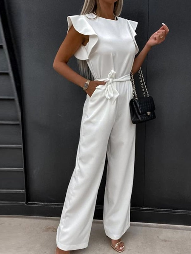 Women's Jumpsuit Lace up Ruffle Solid Color Round Neck Elegant Party Going out Regular Fit Short Sleeve White Blue Pink S M L Spring - LuckyFash™