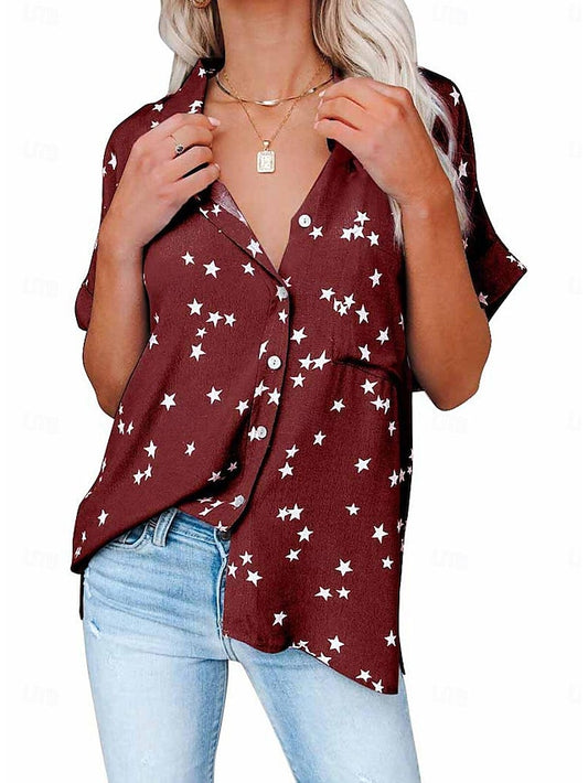 Women's Shirt Blouse Star Daily Vacation Button Print Pink Short Sleeve Casual Shirt Collar Spring & Summer