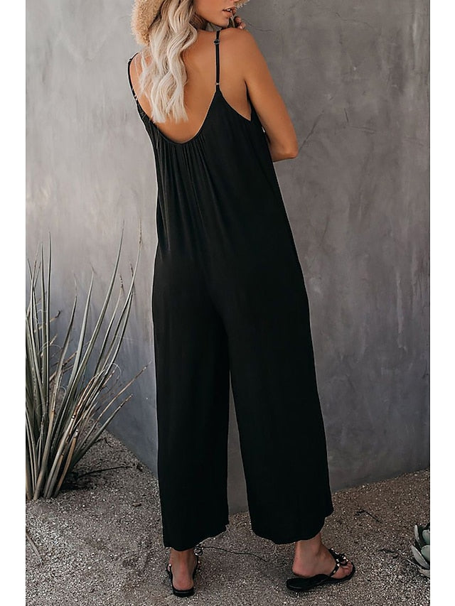 Women's Basic Daily Wide Leg Navy Blue Overall Solid Color - LuckyFash™