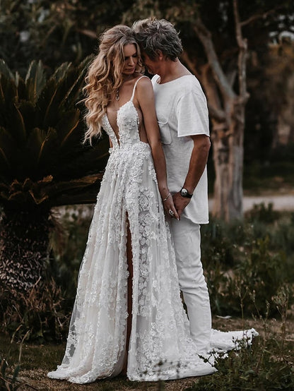 Beach Sexy Boho Wedding Dresses A-Line Sweetheart Camisole Spaghetti Strap Court Train Lace Bridal Gowns With Appliques Split Front 2023 Summer Wedding Party, Women's Clothing - LuckyFash™