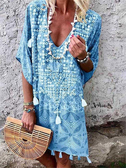 Women's Vintage Dress Casual Dress Tassel Fringe Print V Neck Mini Dress Bohemia Ethnic Vacation Half Sleeve Summer