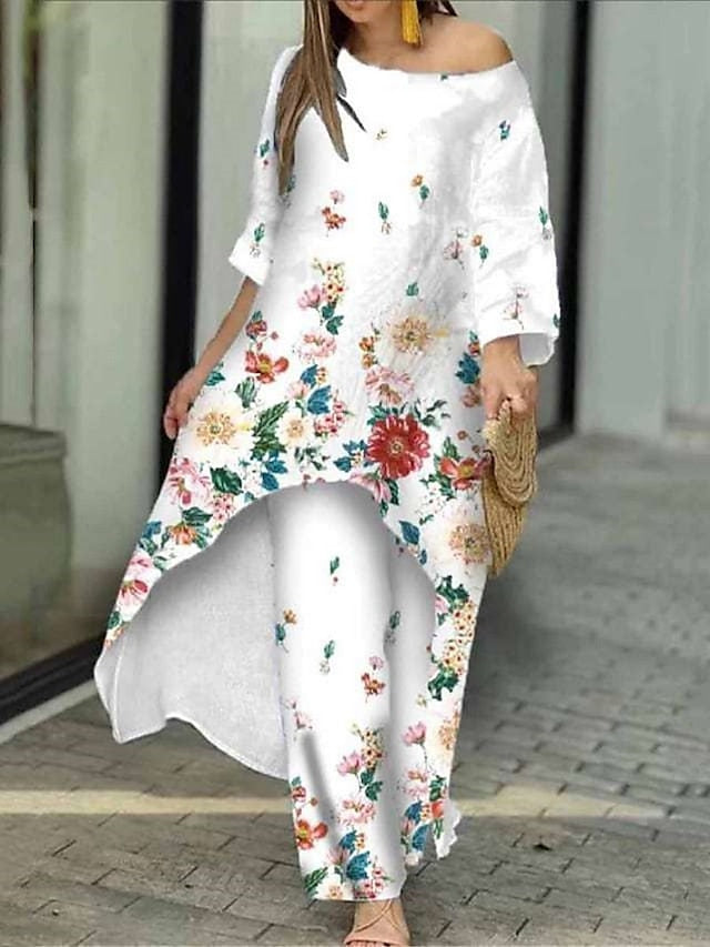 Women's Shirt Pants Sets Floral Butterfly Casual Holiday Print White Long Sleeve Elegant Fashion Streetwear Round Neck Fall & Winter