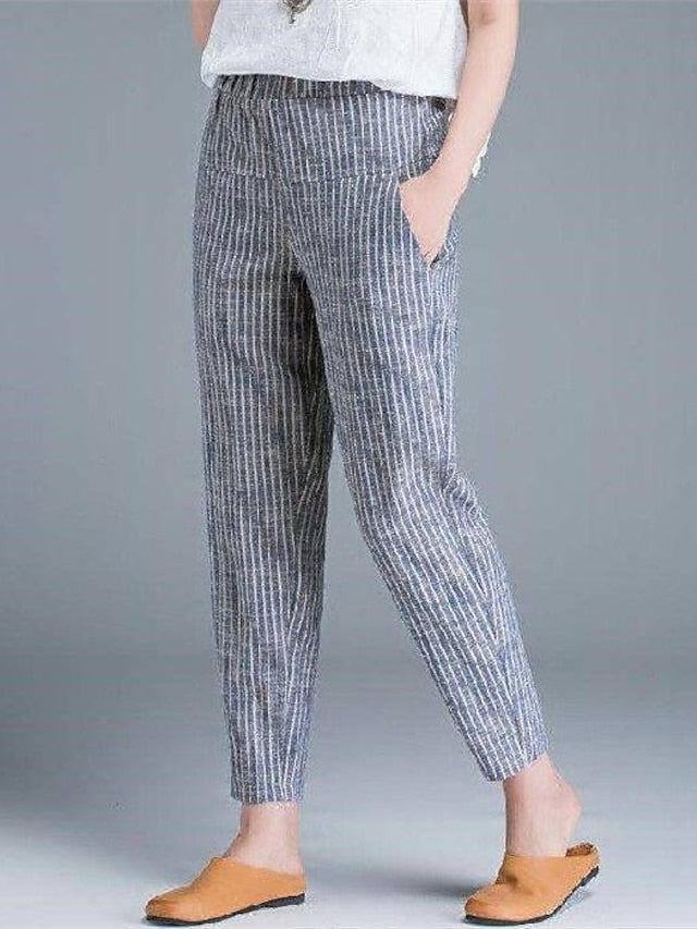 Women's Tapered Carrot Pants Linen Cotton Blend Striped Blue Grey Casual Ankle-Length Casual Daily