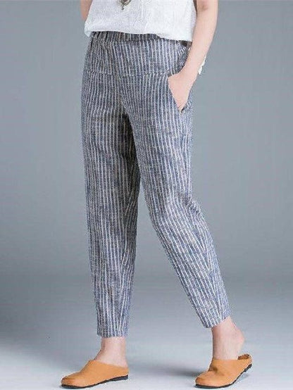 Women's Tapered Carrot Pants Linen Cotton Blend Striped Blue Grey Casual Ankle-Length Casual Daily