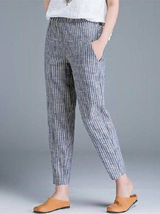 Women's Tapered Carrot Pants Linen Cotton Blend Striped Blue Grey Casual Ankle-Length Casual Daily