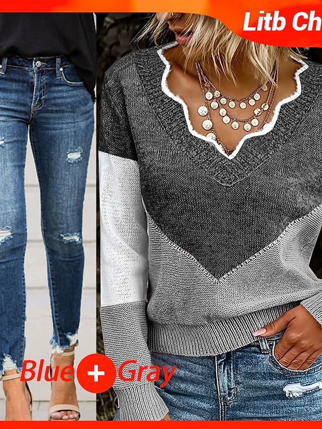 Women's Pullover Sweater Jumper V Neck Crochet Knit Cotton Blend Oversized Fall Winter Regular Daily Weekend Casual Long Sleeve Solid Color Blue Khaki Dark Gray S M L