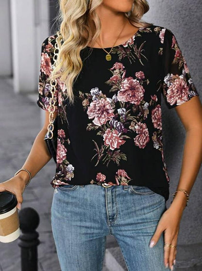 Women's T shirt Tee Floral Casual Holiday Print Black Short Sleeve Fashion Round Neck Summer