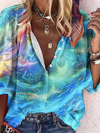 Women's Shirt Blouse Floral Casual Holiday Button Print Blue Long Sleeve Daily Basic V Neck Fall & Winter