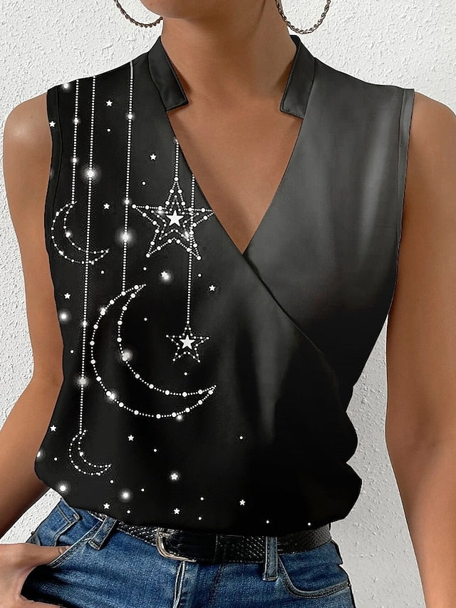 Women's Tank Top Galaxy Casual Print Black Sleeveless Fashion V Neck Summer