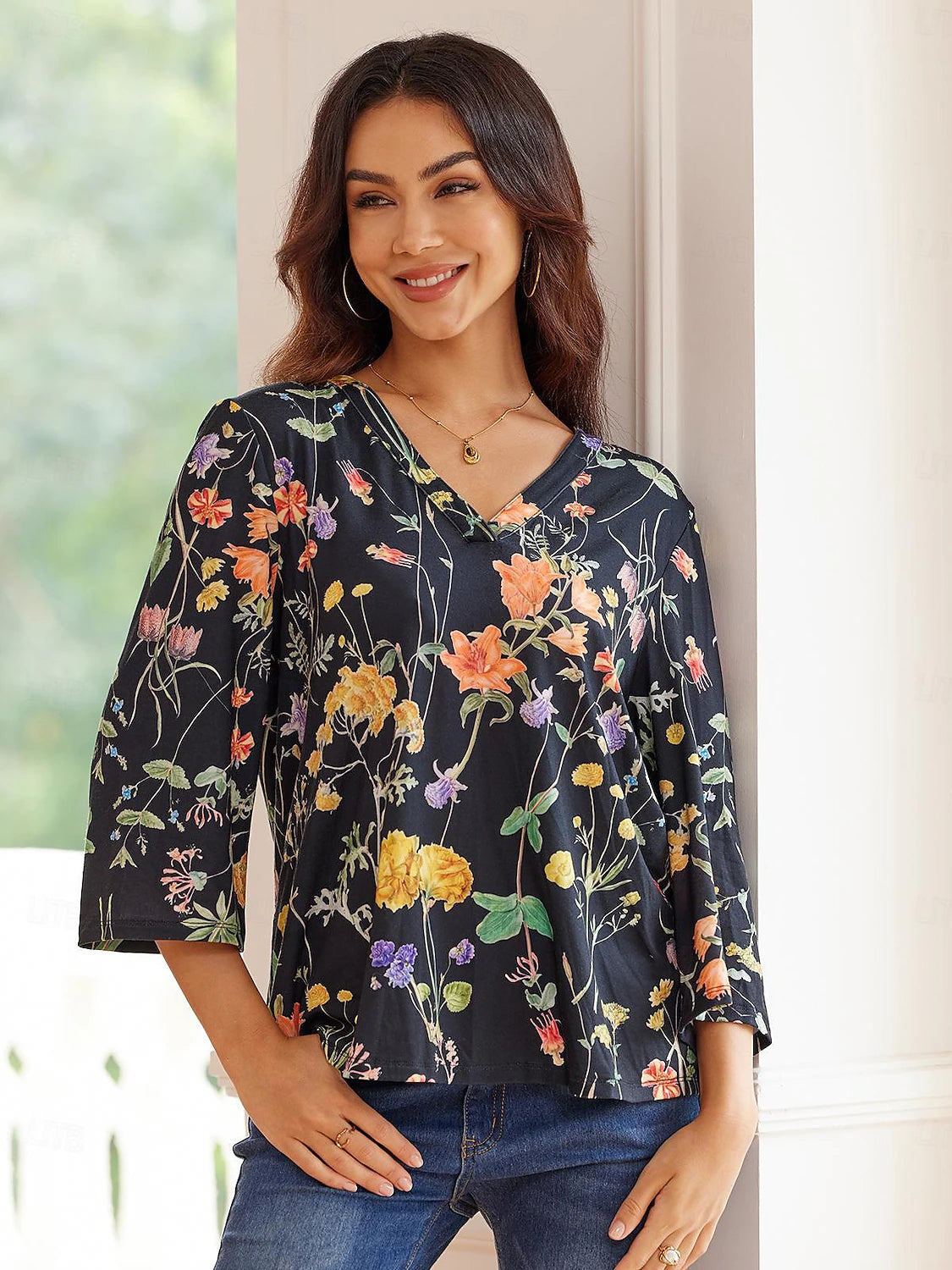 Women's Shirt Blouse Floral Print Black 3/4 Length Sleeve V Neck Summer