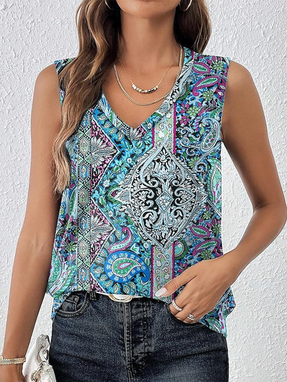 Women's Tank Top Boho Sleeveless Vest Paisley Vintage Ethnic Print V-Neck Bohemian Casual Vacation Summer Tank