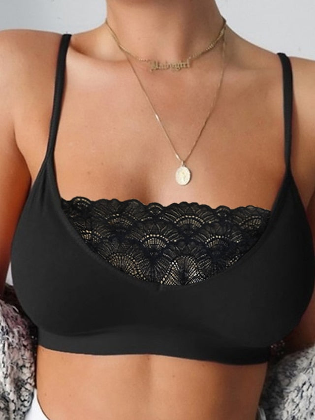 Women's Wireless Lace Bra Elastic and Breathable Lingerie Crewneck Pure Color Plus Size Cage Camisole Underwear(without pads) Pull-On Closure for Date Party & Evening Casual Daily 1PC Black White - LuckyFash™