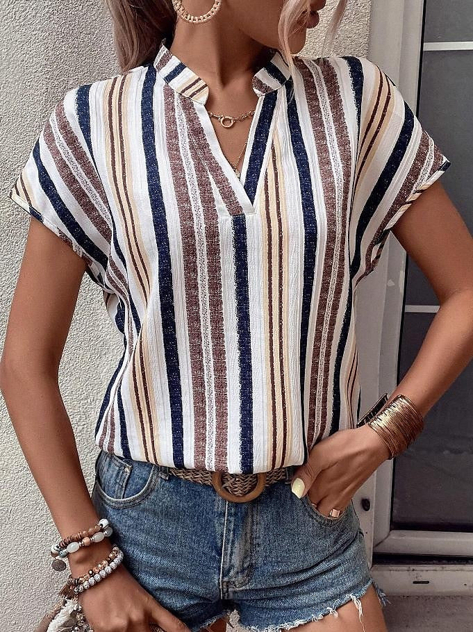 Women's Shirt Blouse Striped Daily Vacation Print Red Short Sleeve Casual V Neck Summer