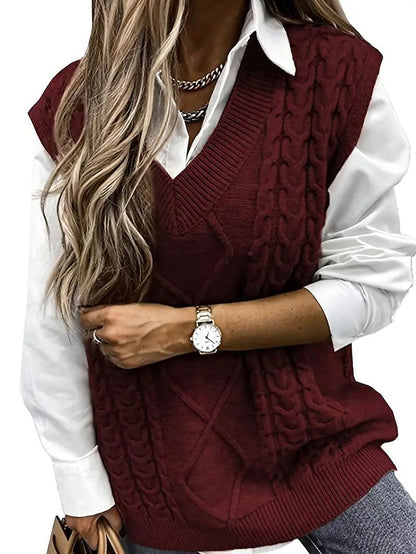 Women's Sweater Vest V Neck Ribbed Cable Knit Acrylic Patchwork Fall Winter Regular Outdoor Daily Going out Stylish Casual Soft Sleeveless Solid Color Black Wine Navy Blue S M L