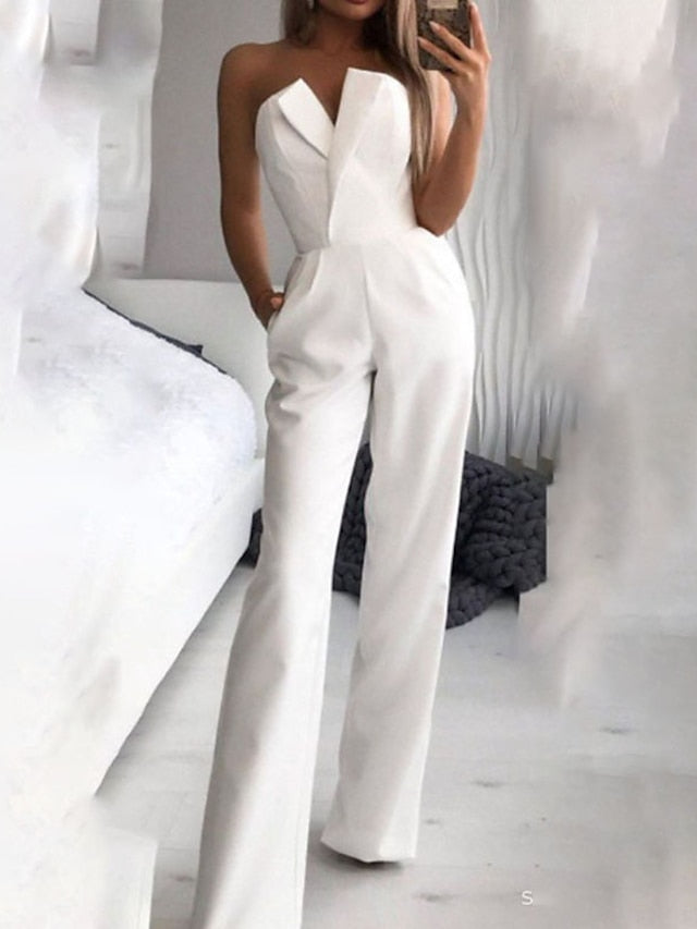 Women's Jumpsuit Clean Fit Wedding  High Waist Solid Color Strapless Streetwear Street Going out Regular Fit Sleeveless Red White Summer - LuckyFash™