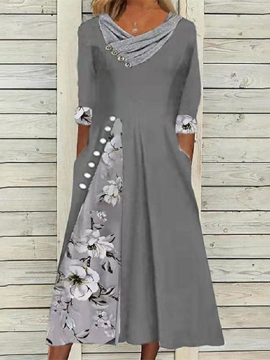 Women's Swing Dress Midi Dress Green Blue Gray Half Sleeve Floral Split Print Summer Spring V Neck Stylish Casual 2023 S M L XL XXL 3XL - LuckyFash™