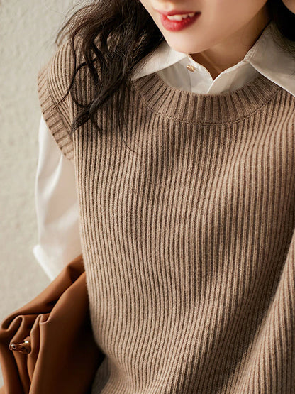 Women's Sweater Vest Crew Neck Ribbed Knit Cotton Spandex Yarns Button Oversized Summer Fall Outdoor Daily Going out Stylish Casual Soft Sleeveless Solid Color Brown Khaki Beige One-Size