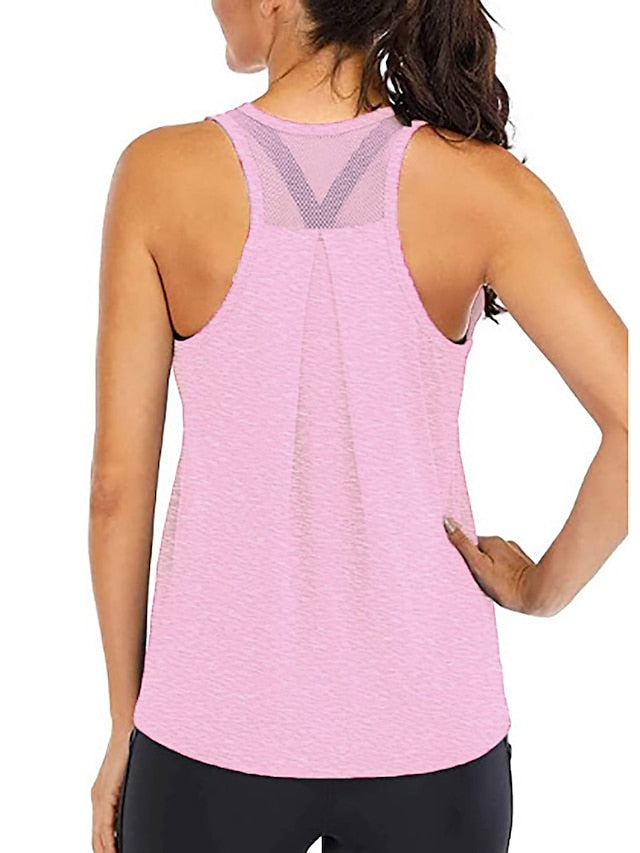 Women's Yoga Top Patchwork Racerback Light Blue Black Mesh Fitness Gym Workout Running Tank Top T Shirt Sport Activewear 4 Way Stretch Breathable Moisture Wicking High Elasticity Loose Fit - LuckyFash™