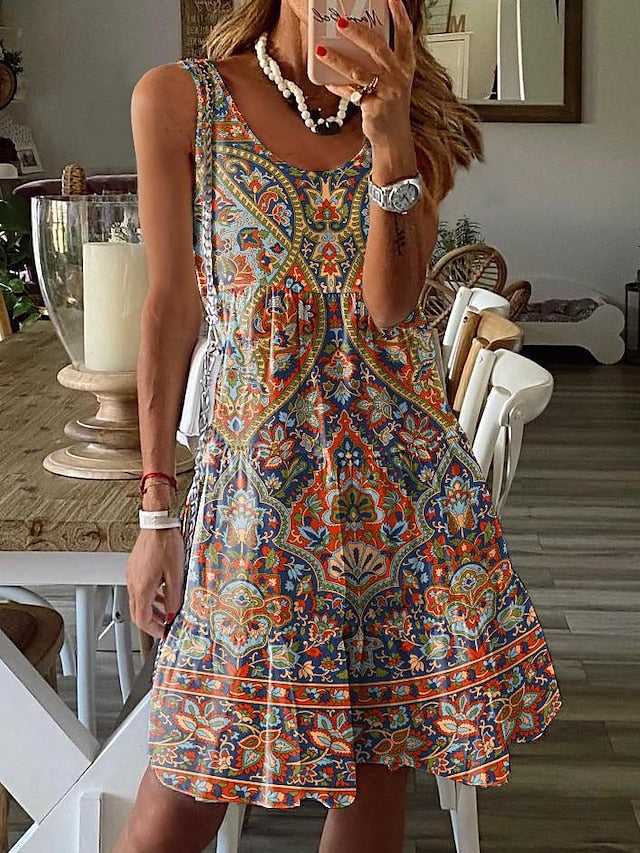 Women's Vintage Dress Casual Dress Tank Dress Floral Print U Neck Mini Dress Vintage Ethnic Date Vacation Sleeveless Summer