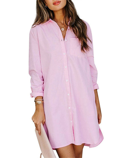 Women's Shirt Dress Casual Dress Shift Dress Mini Dress Business Date Polyester Modern Casual Shirt Collar Button Pocket Long Sleeve Fall Winter Loose Fit White Pink Navy Blue Pure Color S M L XL 2XL