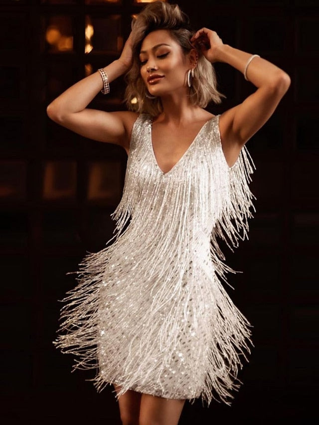 Women's Dress - Party Dress Fringe Dress Short Mini Dress White Gold Sleeveless Pure Color Tassel Fringe Spring Summer Spaghetti Strap Party Sexy Gatsby Party 2023 S M L XL XXL / Winter