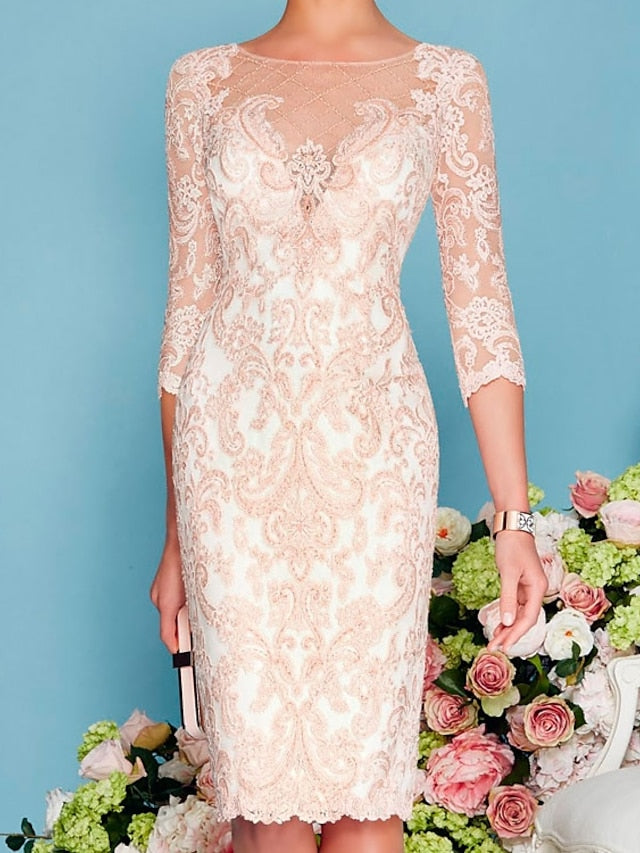 Two Piece Sheath / Column Mother of the Bride Dress Formal Church Elegant Jewel Neck Knee Length Chiffon Lace 3/4 Length Sleeve Wrap Included Jacket Dresses with Beading Appliques 2023 - LuckyFash™