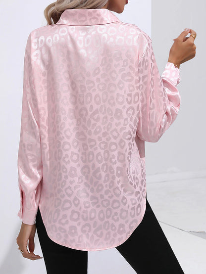 Women's Shirt Blouse Satin Leopard Casual Button Print Pink Long Sleeve Fashion Shirt Collar Spring &  Fall