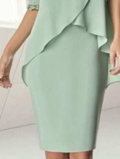 Sheath / Column Mother of the Bride Dress Wedding Guest Elegant Jewel Neck Knee Length Chiffon Half Sleeve with Beading Ruching 2023 - LuckyFash™
