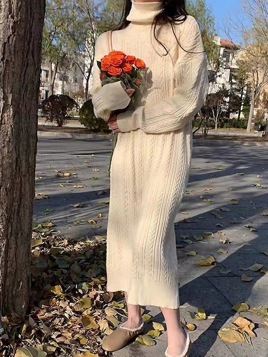 Women's Sweater Dress Jumper Dress Winter Dress Midi Dress Knitwear Fashion Daily Pure Color Outdoor Casual Daily Holiday Turtleneck Long Sleeve Patchwork 2023 Loose Fit Black Brown Beige One Size