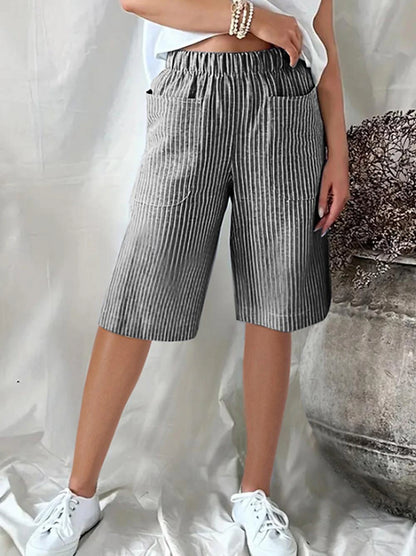 Women's Shorts Linen Cotton Blend Striped Black Yellow Casual Daily Knee Length Going out Weekend Summer