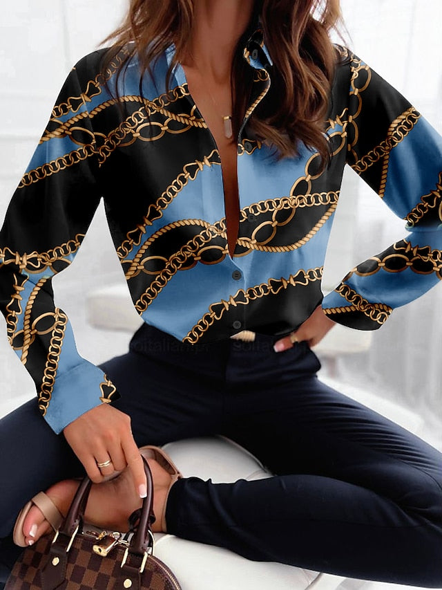 Women's Shirt Blouse Chains Print Casual Button Print Yellow Long Sleeve Fashion Shirt Collar Spring &  Fall