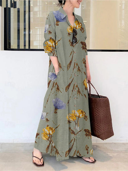 Women's Shirt Dress Casual Dress Cotton Linen Dress Maxi long Dress Button Pocket Daily Shirt Collar Long Sleeve Summer Spring Green Apricot Floral