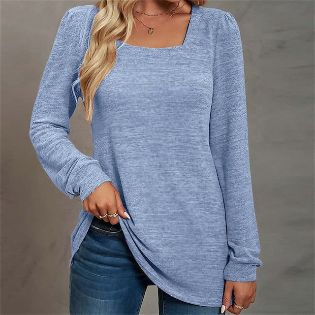 Women's T shirt Tee Cotton Plain Casual Daily Holiday Light Blue Long Sleeve Basic U Neck Fall & Winter