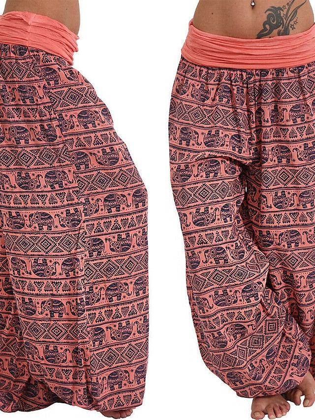 Womenâ€˜s Harem Pants Wide Leg Fold Over Waist Palazzo Bohemia Zumba Belly Dance Yoga Bloomers Bottoms Elephant Hippie Boho Navy ArmyGreen White Plus Size Sports Activewear - LuckyFash™