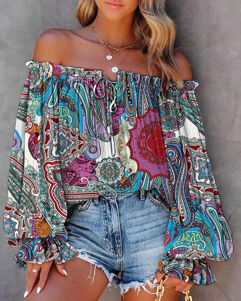 Women's Shirt Boho Shirt Lace Shirt Going Out Tops Floral Graphic Casual Holiday Lace up Ruffle Print Lantern Sleeve Red Long Sleeve Elegant Fashion Basic Off Shoulder Spring Fall