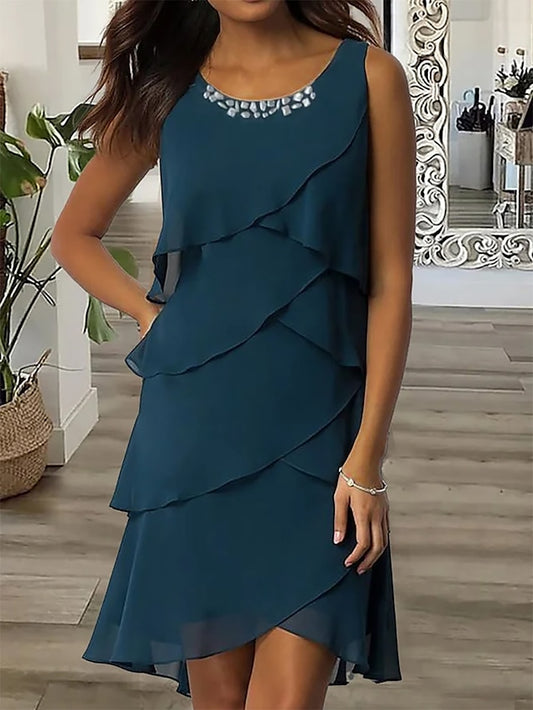 Women's Work Dress Wedding Guest Chiffon Dress Semi Formal Dress Fashion Midi Dress Ruffle Layered Crew Neck Sleeveless Plain Loose Fit Dark Blue Summer Spring S M L XL XXL - LuckyFash™