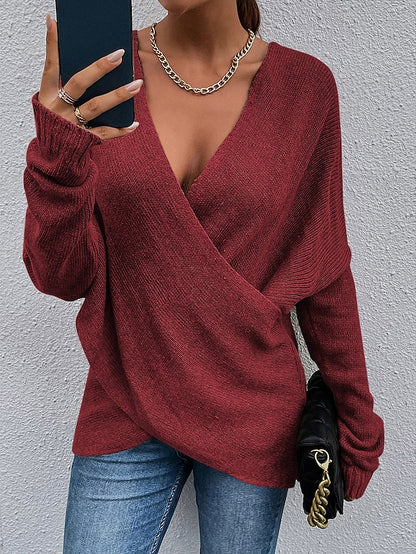 Women's Sweater Pullover Jumper Criss Cross Knitted Solid Color Stylish Casual Long Sleeve Regular Fit Sweater Cardigans V Neck Fall Winter Blue Purple Pink / Holiday / Going out